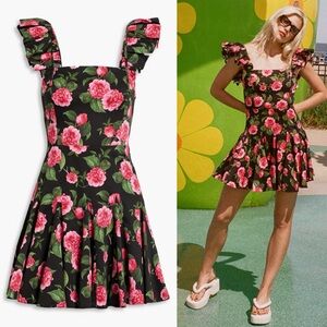 Alice + Olivia Ginny Ruffled Pleated Floral Print Cotton Poplin Mini Dress